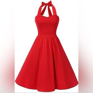 Red Halter A-Line Pleated Dress
